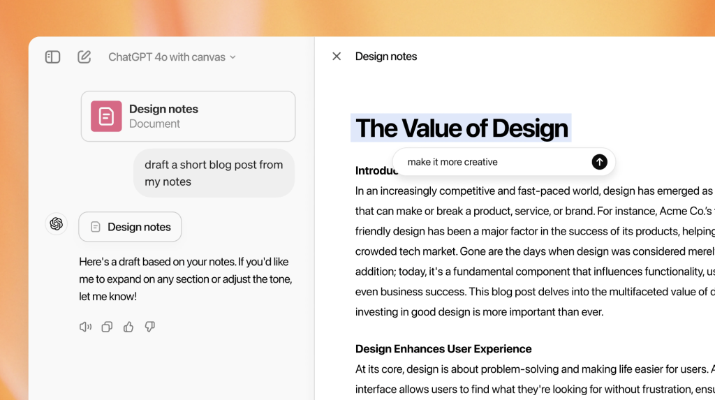 Canvas, fonctionnalité sur ChatGPT